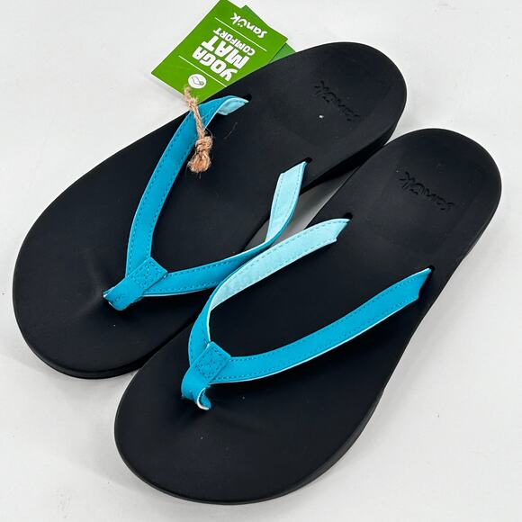 NWT Sanuk Yoga Mat Flip Flop Sandals 6 Black Blue Thong Beach Travel Women's - Picture 4 of 4